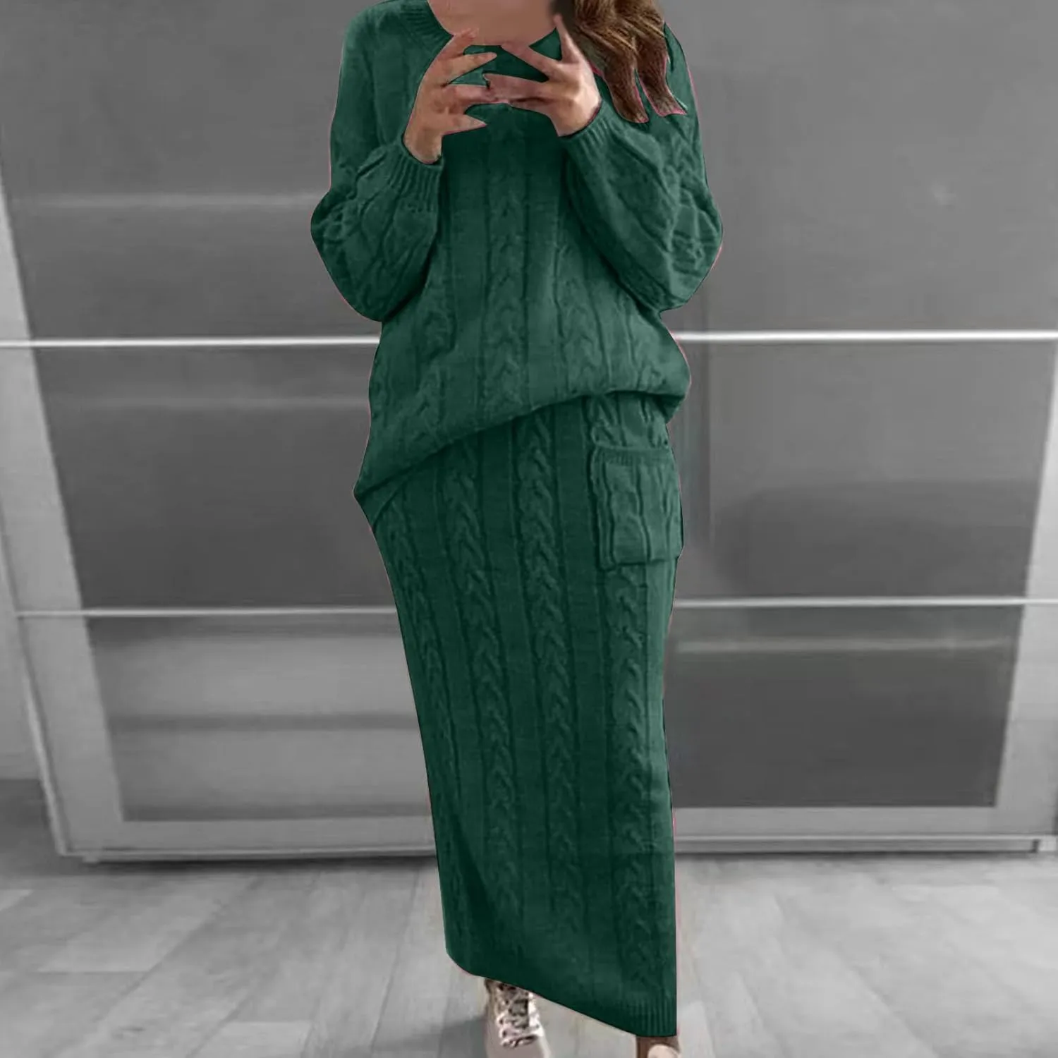 Women's Fashion Sweater Set Chunky Cable Knit Long Skirt 2 Piece Outfit Round Neck Long Sleeve Sweater Sets