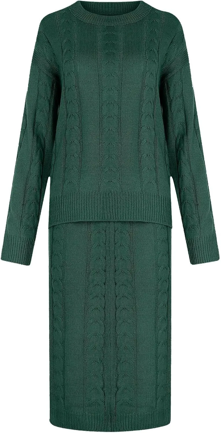 Women's Fashion Sweater Set Chunky Cable Knit Long Skirt 2 Piece Outfit Round Neck Long Sleeve Sweater Sets