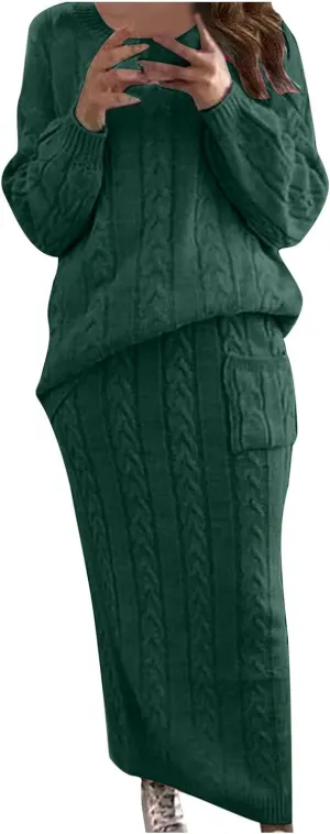 Women's Fashion Sweater Set Chunky Cable Knit Long Skirt 2 Piece Outfit Round Neck Long Sleeve Sweater Sets