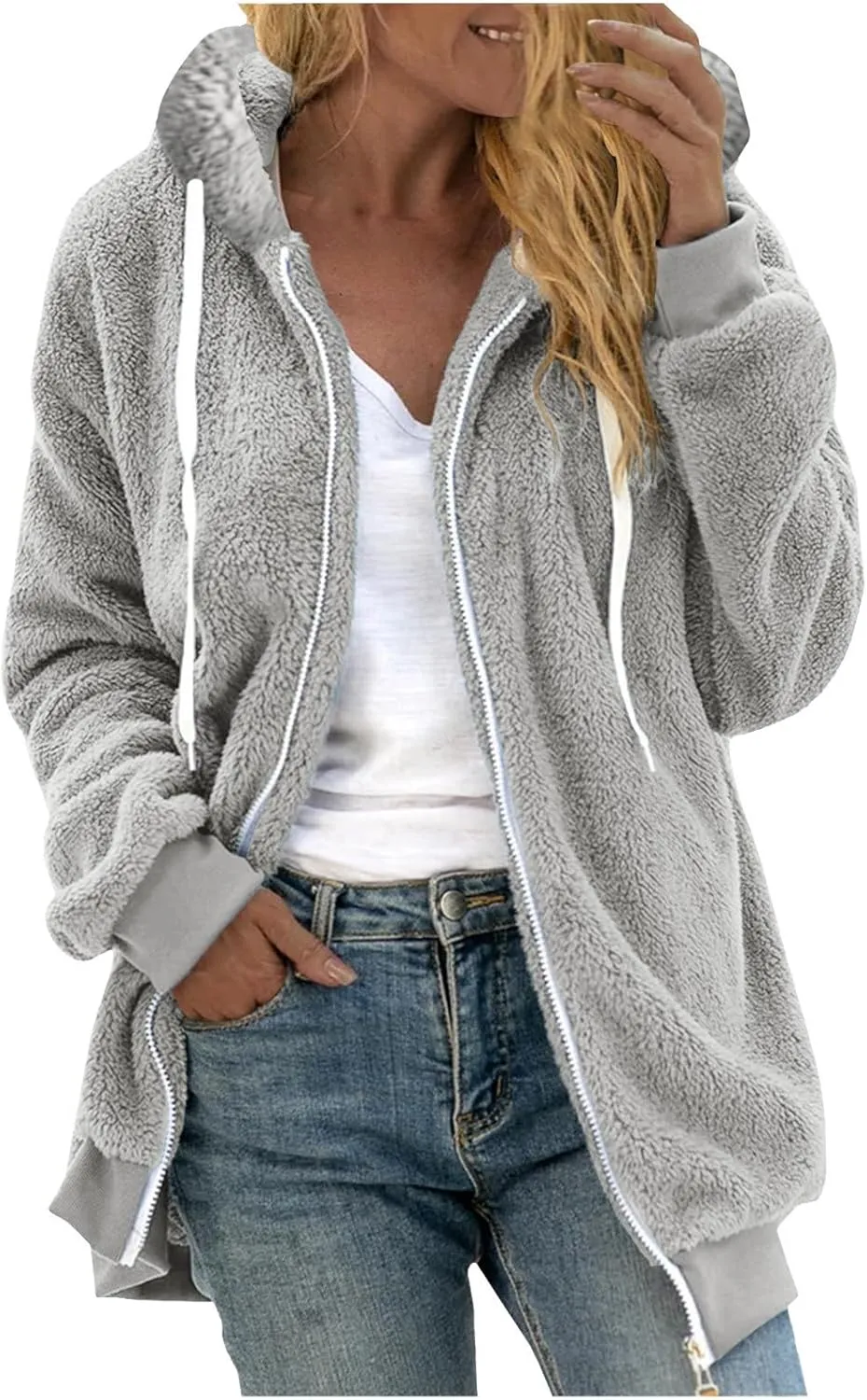 Womens Fuzzy Sherpa Pullover Hoodie Hooded Zip Up Sherpa Jacket Oversized Fleece Hoodies Soft Cozy Winter Coats