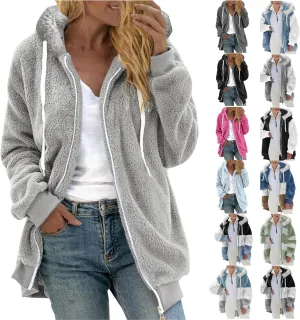 Womens Fuzzy Sherpa Pullover Hoodie Hooded Zip Up Sherpa Jacket Oversized Fleece Hoodies Soft Cozy Winter Coats