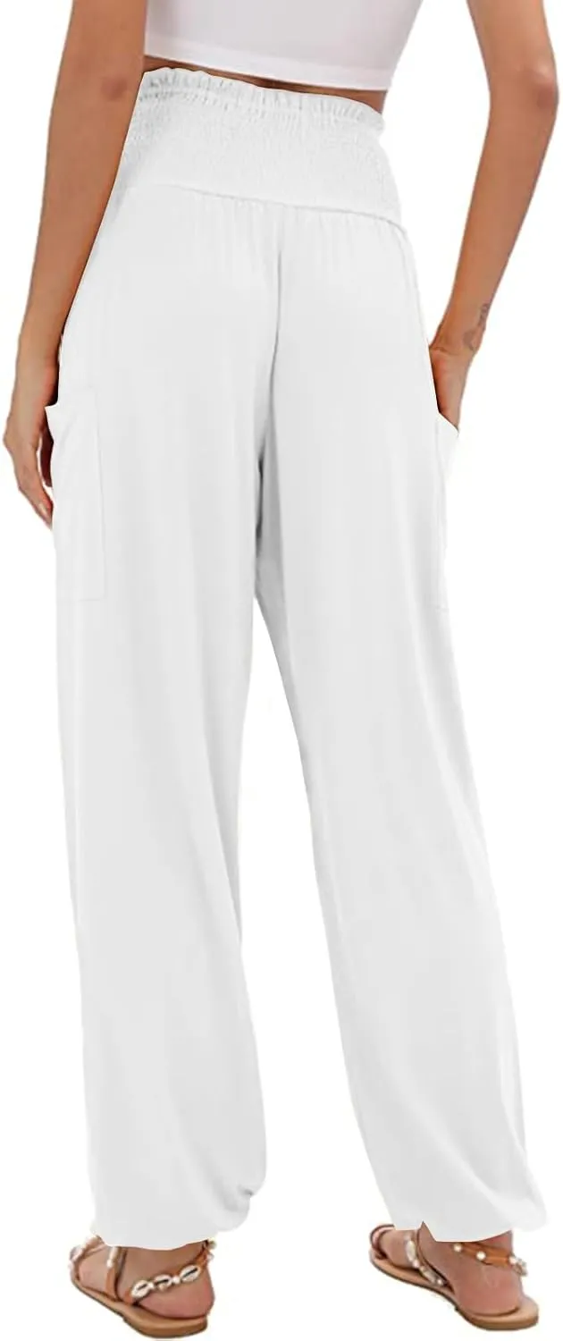 Womens Harem Pants Stretch Elastic High Waist Casual Pant Yoga Running Workout Solid Boho Trousers with Pockets