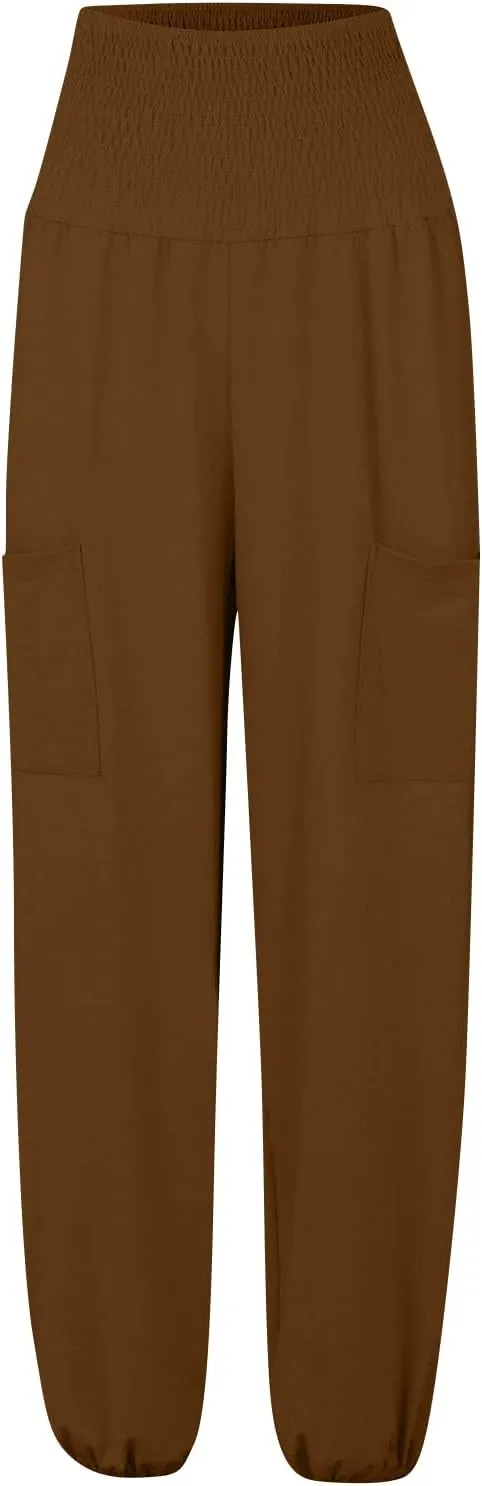 Womens Harem Pants Stretch Elastic High Waist Casual Pant Yoga Running Workout Solid Boho Trousers with Pockets