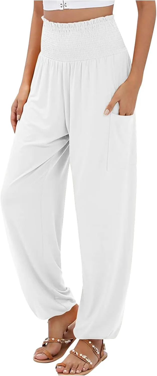 Womens Harem Pants Stretch Elastic High Waist Casual Pant Yoga Running Workout Solid Boho Trousers with Pockets