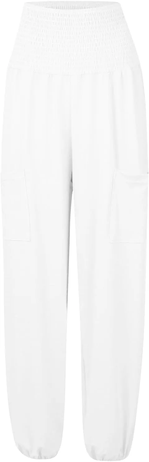 Womens Harem Pants Stretch Elastic High Waist Casual Pant Yoga Running Workout Solid Boho Trousers with Pockets