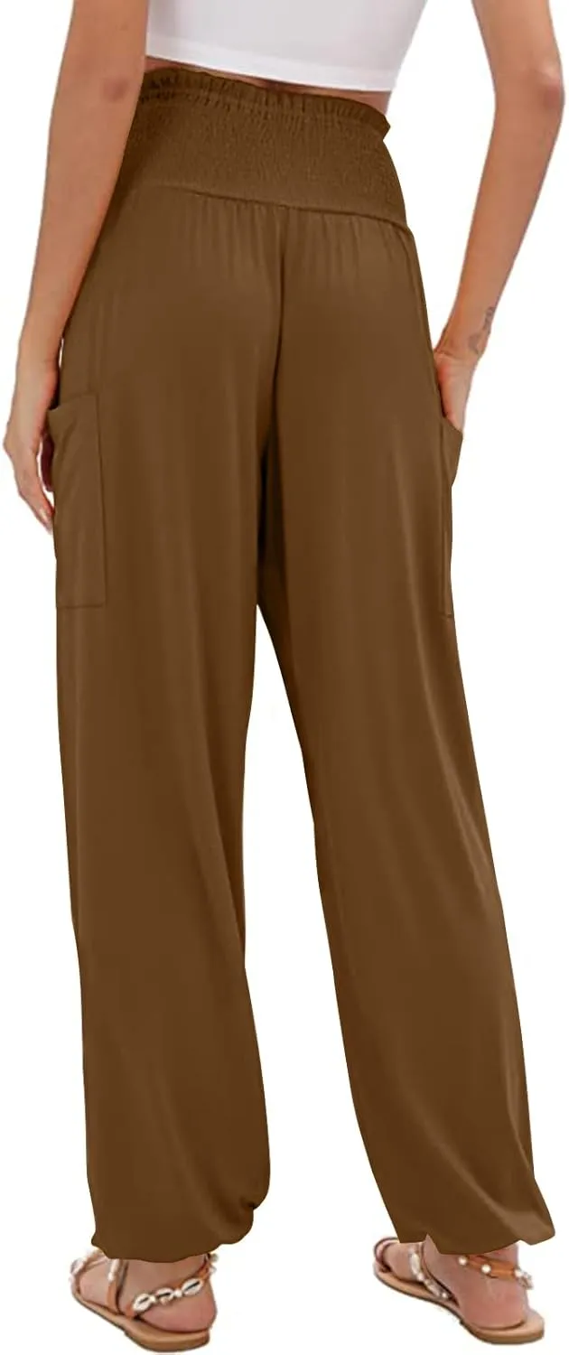 Womens Harem Pants Stretch Elastic High Waist Casual Pant Yoga Running Workout Solid Boho Trousers with Pockets
