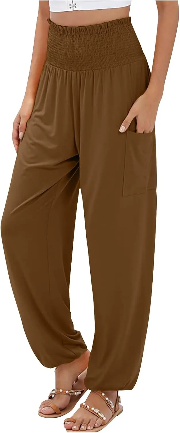Womens Harem Pants Stretch Elastic High Waist Casual Pant Yoga Running Workout Solid Boho Trousers with Pockets