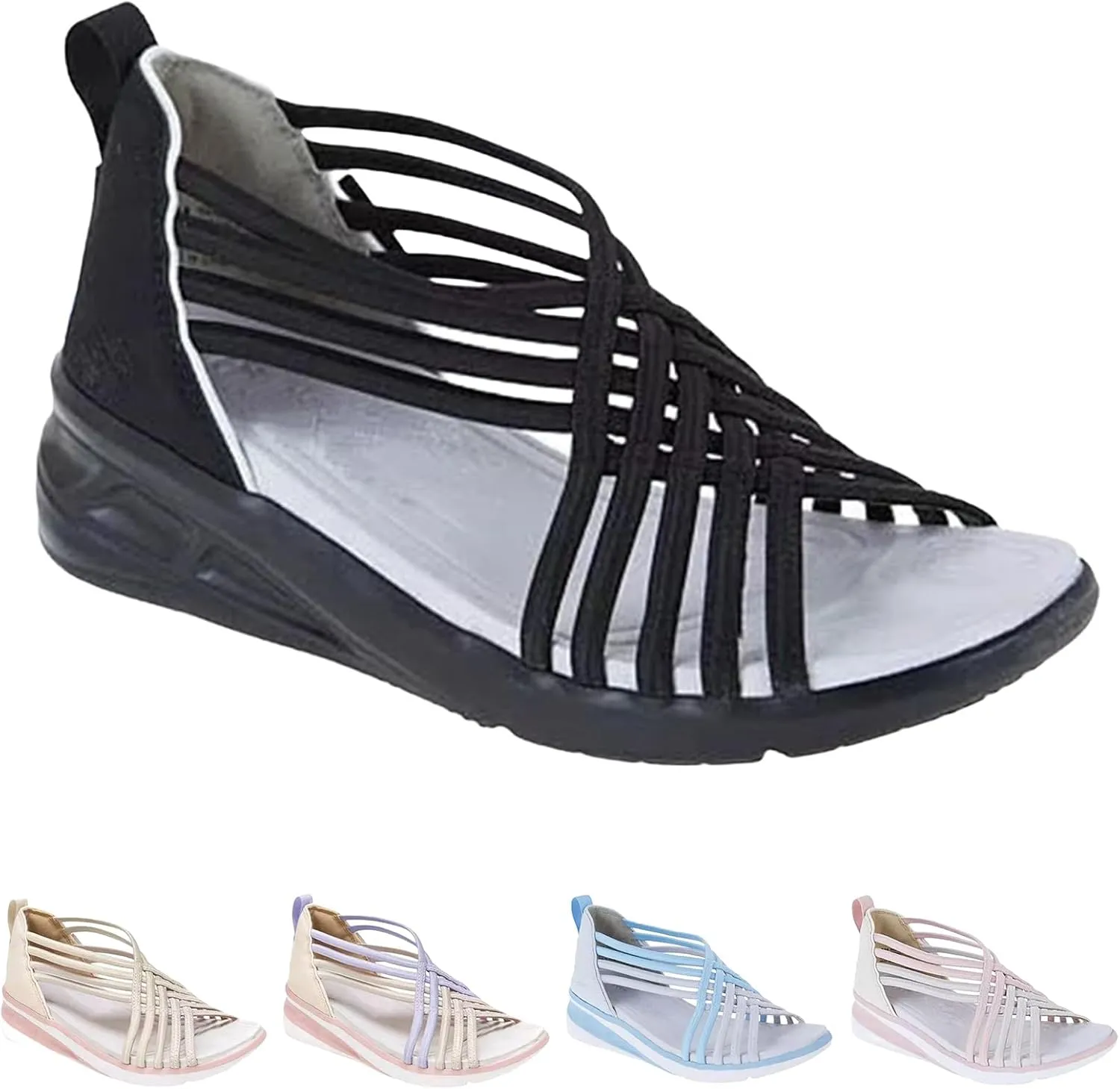 Womens Heccie Sandals Summer Multi Strap Orthopedic Sandals for Women, Arch Support Lightweight Stretch Sandal Beach Outdoor Walking Roman Shoes Open Toe Slip On Shoes