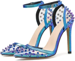 Womens Heeled Sandals Fashion Sexy Colorful Rivet Transparent Pointed Stiletto High Heel Sandals Adjustable Ankle Buckle High Heel Women's Sandals Slides Party Shoes Dress Sandals,Blue,6