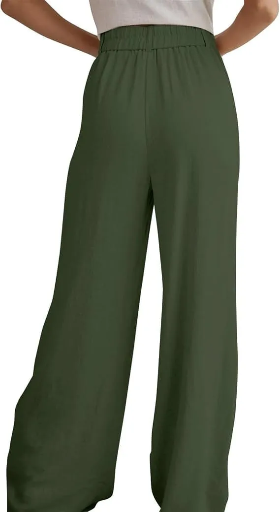 Womens High Waist Drape Button Wide-Leg Pants Casual Dress Trendy Office Work Palazzo Trousers Loose Stretch Pant