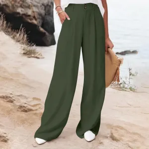 Womens High Waist Drape Button Wide-Leg Pants Casual Dress Trendy Office Work Palazzo Trousers Loose Stretch Pant