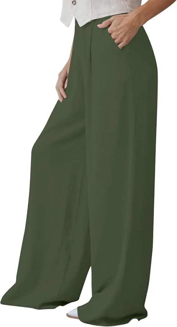 Womens High Waist Drape Button Wide-Leg Pants Casual Dress Trendy Office Work Palazzo Trousers Loose Stretch Pant