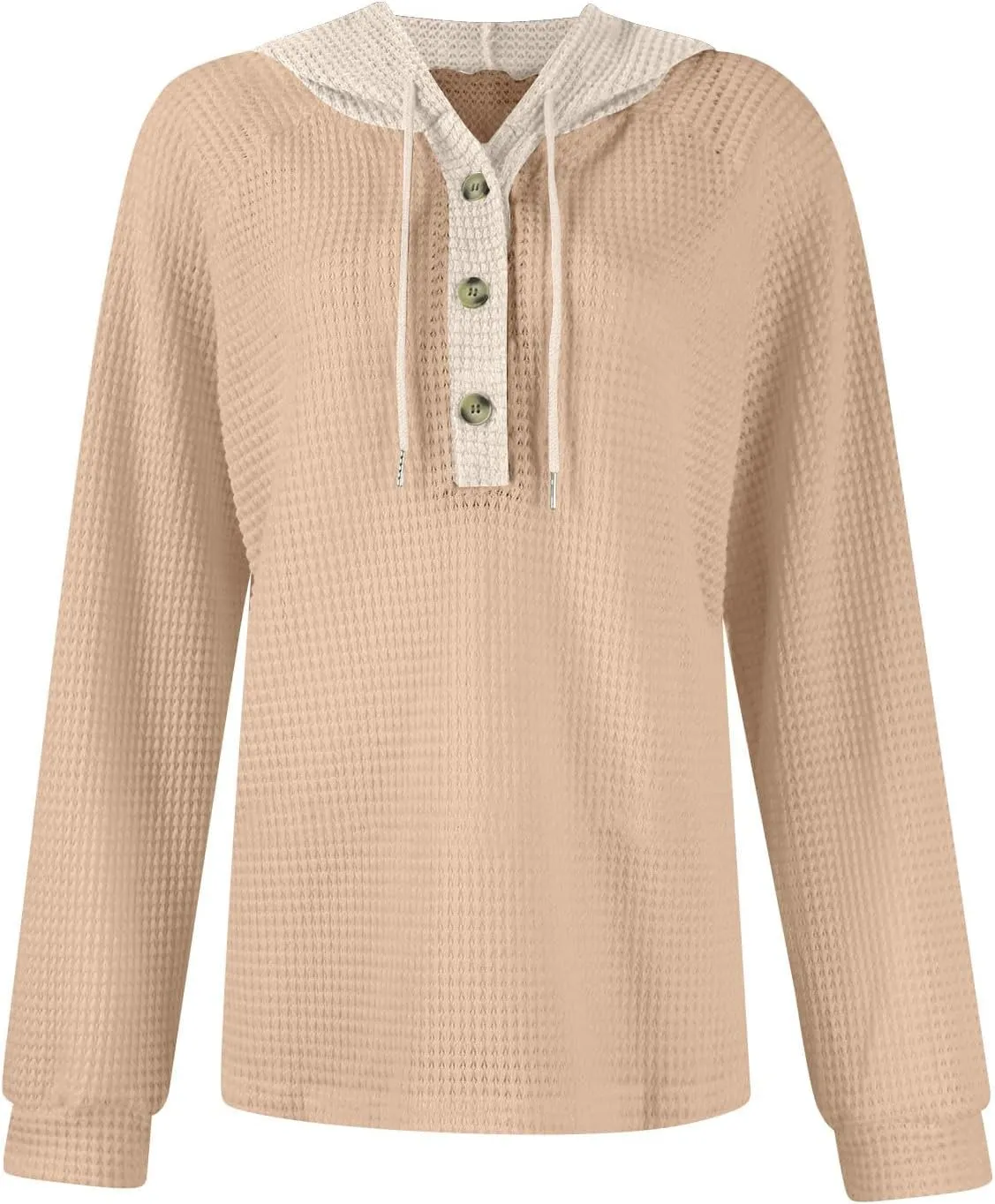 Womens Hoodies Pullover Waffle Knit Casual Drawstring Sweatshirt Button V Neck Long Sleeve Hoodie Sweatshirt Tops