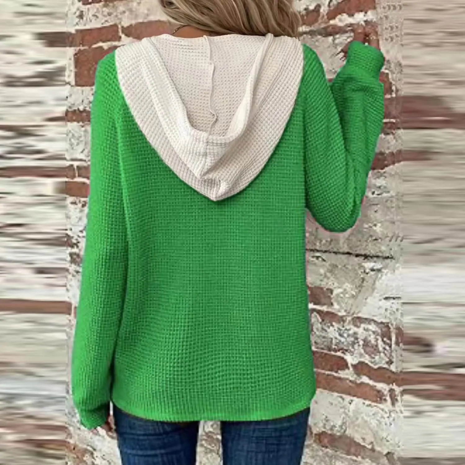 Womens Hoodies Pullover Waffle Knit Casual Drawstring Sweatshirt Button V Neck Long Sleeve Hoodie Sweatshirt Tops