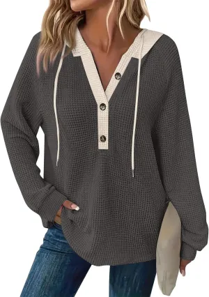Womens Hoodies Pullover Waffle Knit Casual Drawstring Sweatshirt Button V Neck Long Sleeve Hoodie Sweatshirt Tops