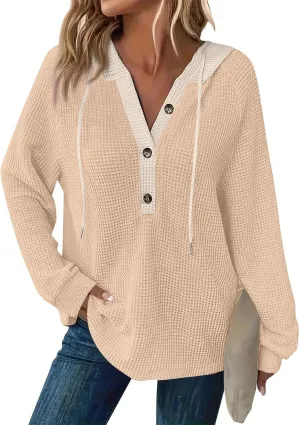 Womens Hoodies Pullover Waffle Knit Casual Drawstring Sweatshirt Button V Neck Long Sleeve Hoodie Sweatshirt Tops