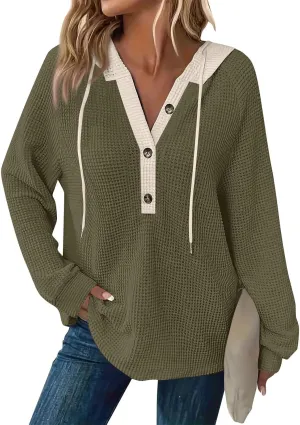Womens Hoodies Pullover Waffle Knit Casual Drawstring Sweatshirt Button V Neck Long Sleeve Hoodie Sweatshirt Tops