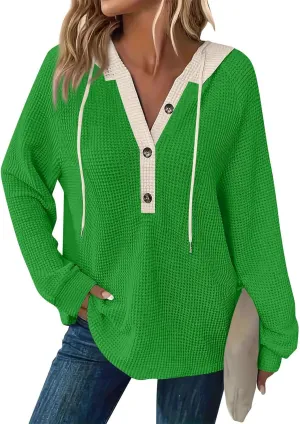 Womens Hoodies Pullover Waffle Knit Casual Drawstring Sweatshirt Button V Neck Long Sleeve Hoodie Sweatshirt Tops