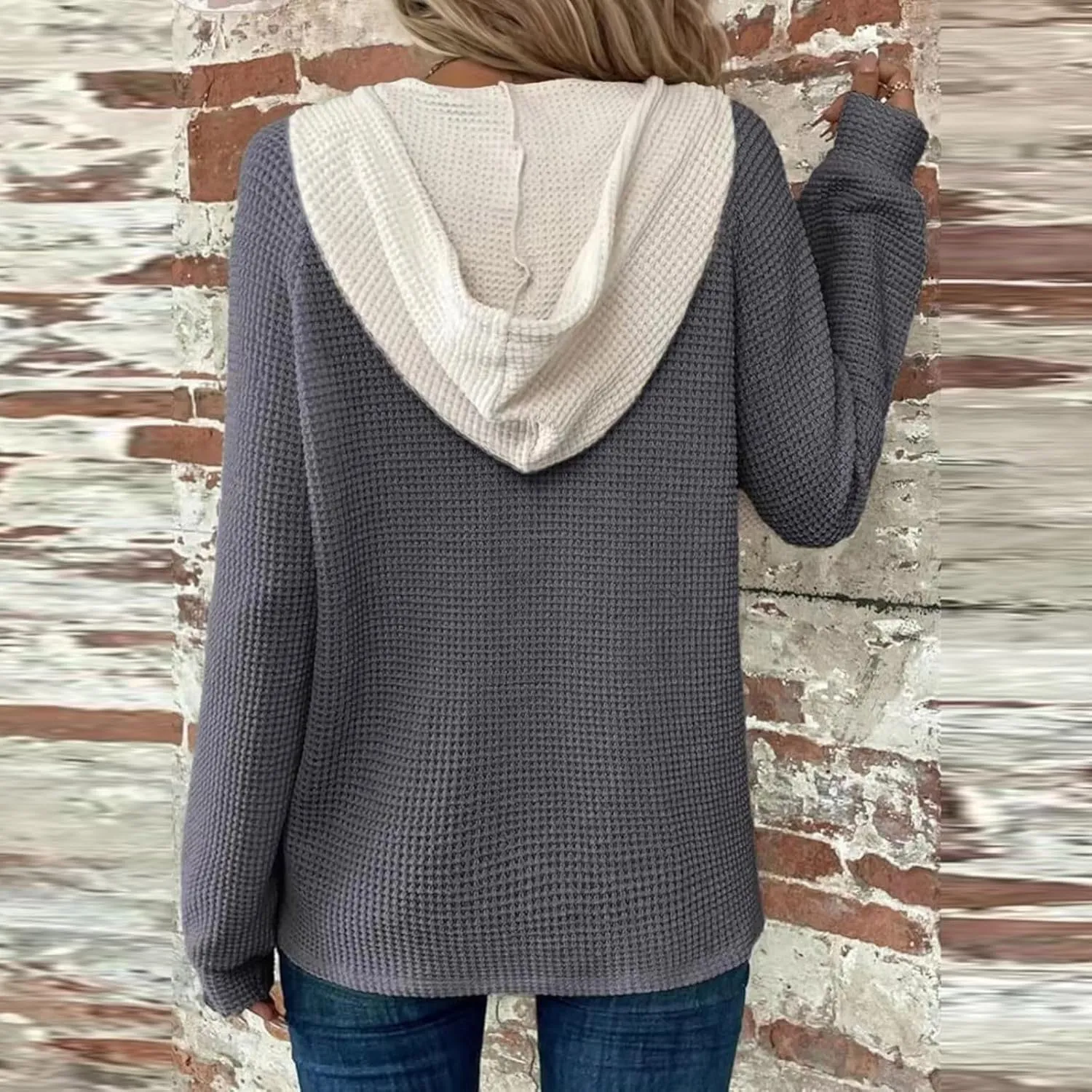Womens Hoodies Pullover Waffle Knit Casual Drawstring Sweatshirt Button V Neck Long Sleeve Hoodie Sweatshirt Tops