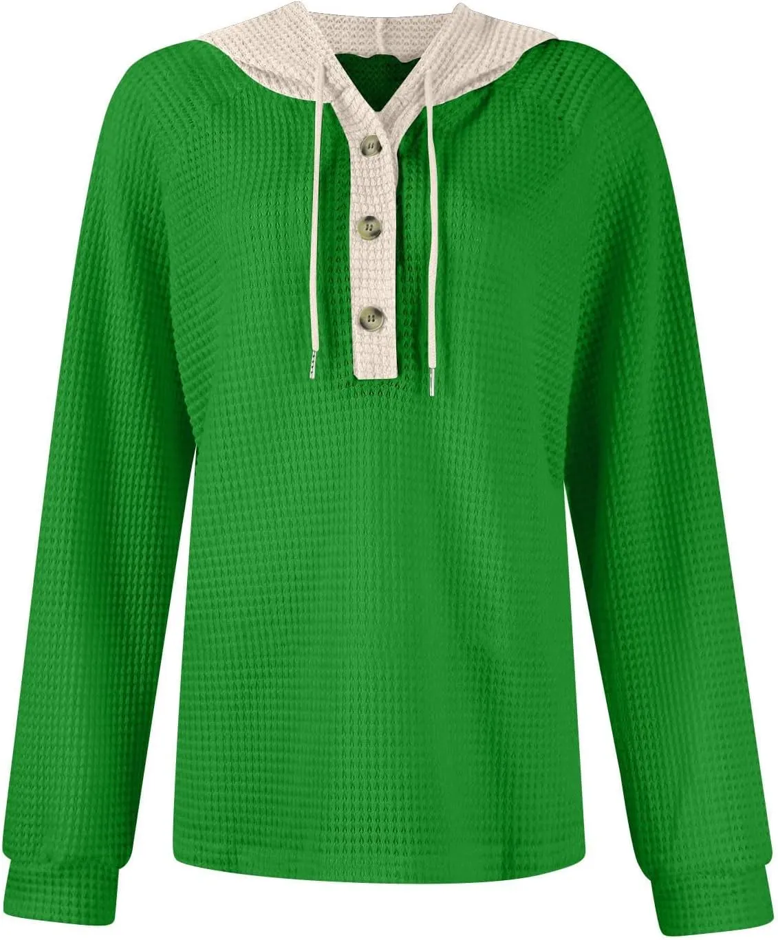 Womens Hoodies Pullover Waffle Knit Casual Drawstring Sweatshirt Button V Neck Long Sleeve Hoodie Sweatshirt Tops