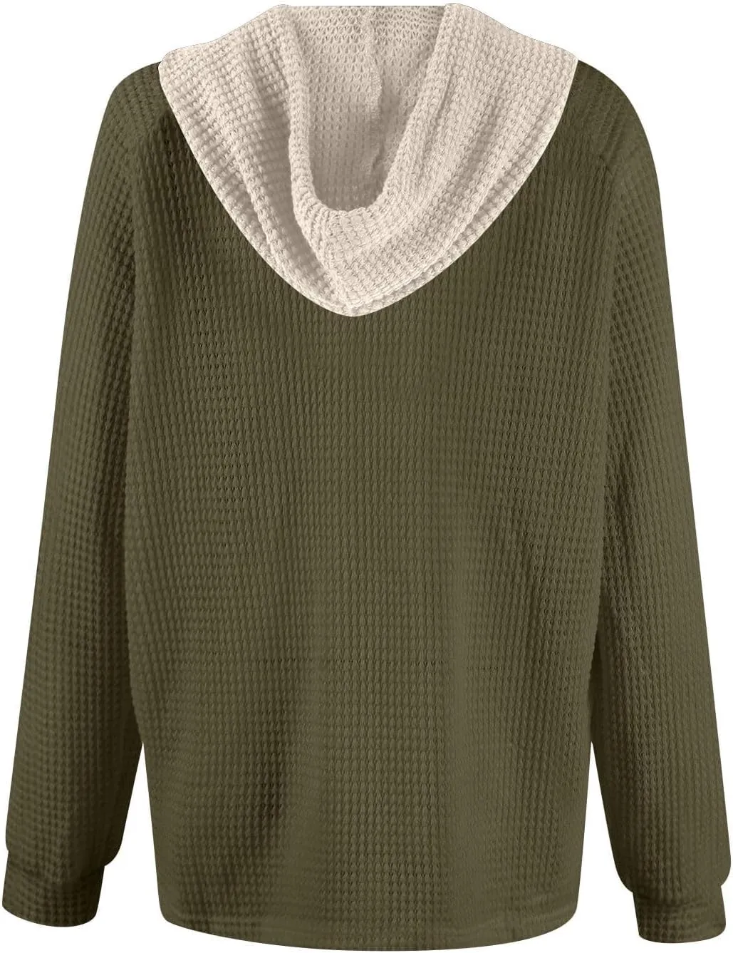 Womens Hoodies Pullover Waffle Knit Casual Drawstring Sweatshirt Button V Neck Long Sleeve Hoodie Sweatshirt Tops