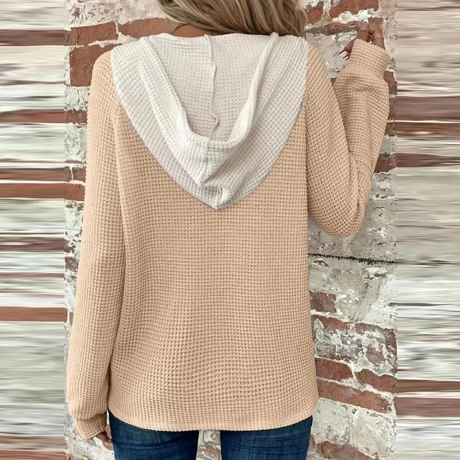 Womens Hoodies Pullover Waffle Knit Casual Drawstring Sweatshirt Button V Neck Long Sleeve Hoodie Sweatshirt Tops
