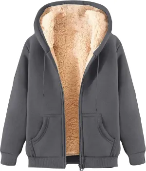 Womens Hoodies Sherpa Lined Fleece Thermal Jacket Full Zip Drawstring Hooded Outwear Winter Warm Casual Thick Coats