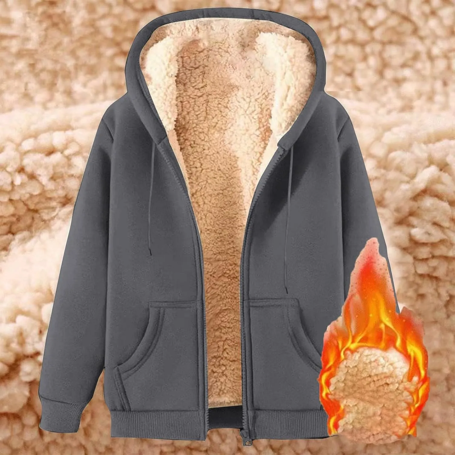 Womens Hoodies Sherpa Lined Fleece Thermal Jacket Full Zip Drawstring Hooded Outwear Winter Warm Casual Thick Coats