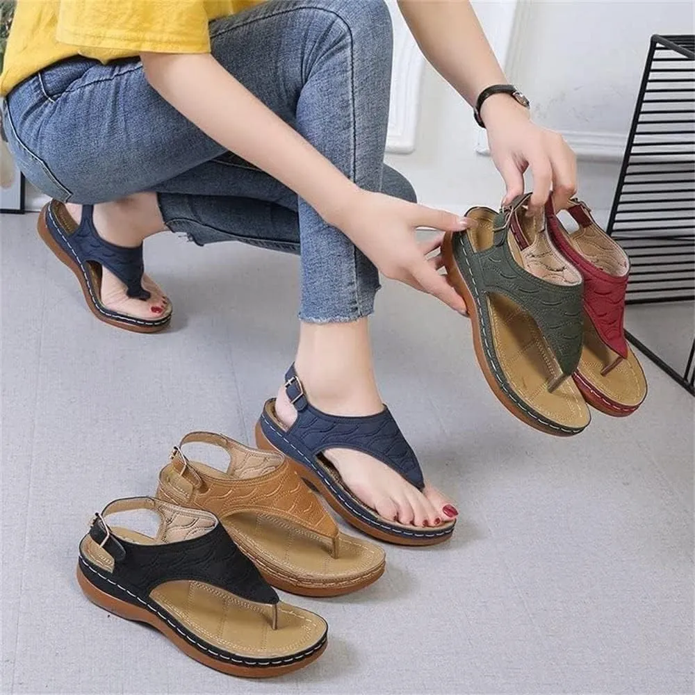 Women's Leather Orthopedic Arch Support Diabetic Walking Sandals, Summer Adjustable Anti-Slip Platforms Orthotic Wedge Sandals, Casual Comfortable Pinch Toe Beach Flip-Flops Slippers. (8, Green)