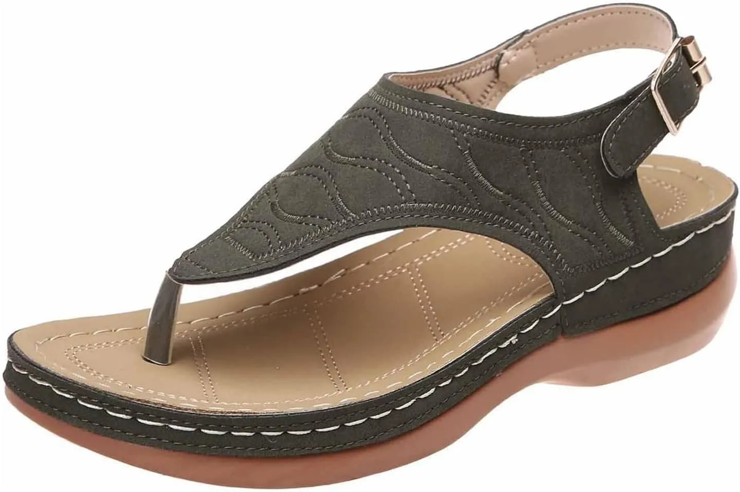 Women's Leather Orthopedic Arch Support Diabetic Walking Sandals, Summer Adjustable Anti-Slip Platforms Orthotic Wedge Sandals, Casual Comfortable Pinch Toe Beach Flip-Flops Slippers. (8, Green)