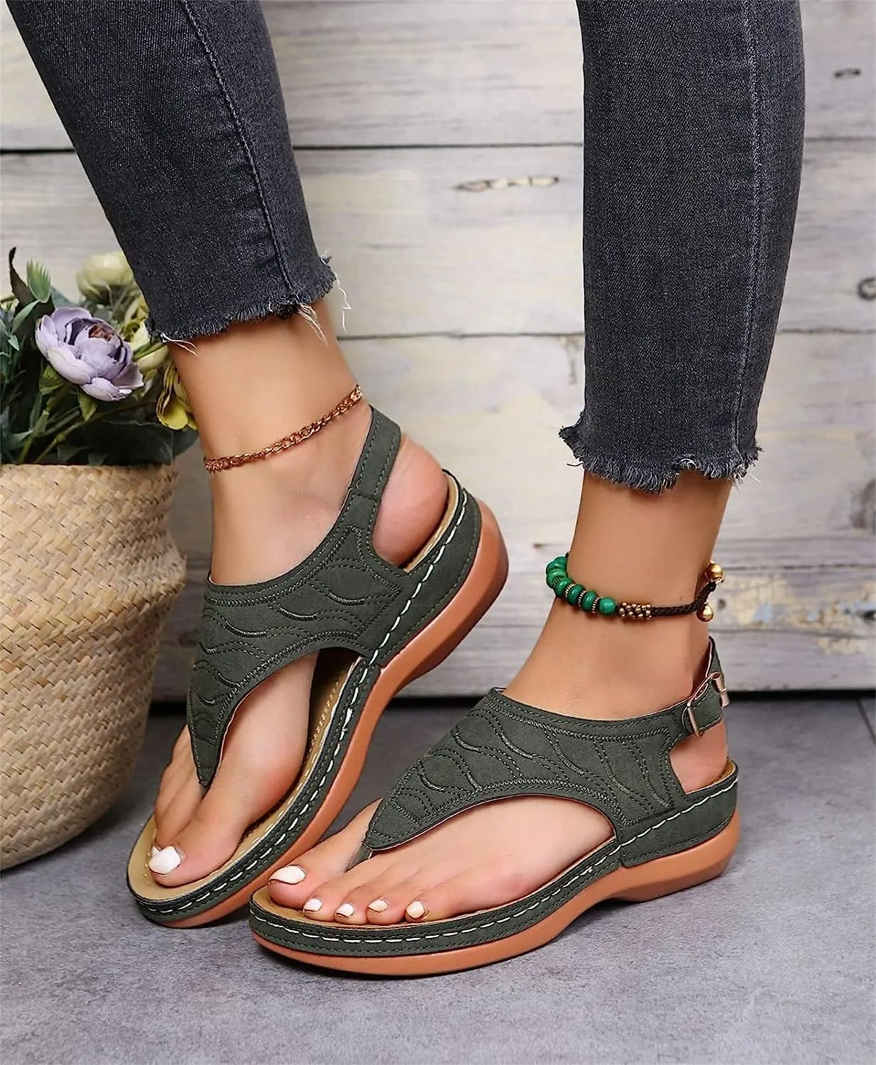 Women's Leather Orthopedic Arch Support Diabetic Walking Sandals, Summer Adjustable Anti-Slip Platforms Orthotic Wedge Sandals, Casual Comfortable Pinch Toe Beach Flip-Flops Slippers. (8, Green)