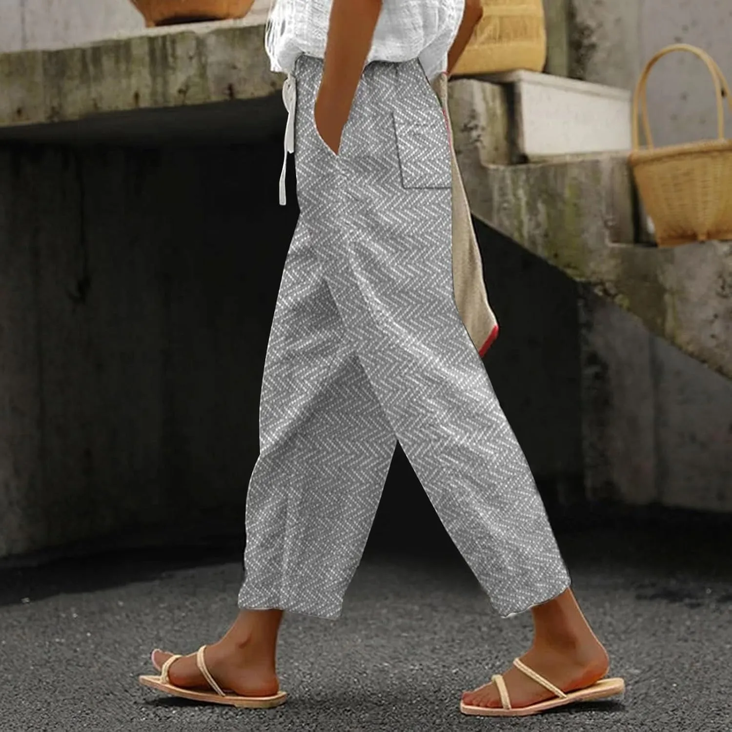 Womens Linen Pants with Pockets Casual Pants Elastic Waist Loose Women Capri Pants for Lightweight Pants Pants for