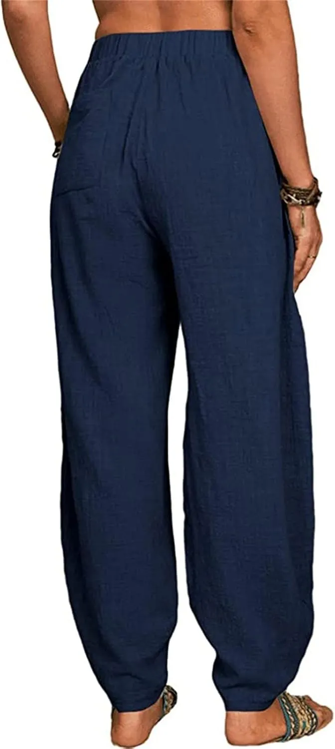 Women's Linen Summer Striped Pants Elastic Waisted Long Lounge Loose Fit Palazzo Lounge Pants Vacation