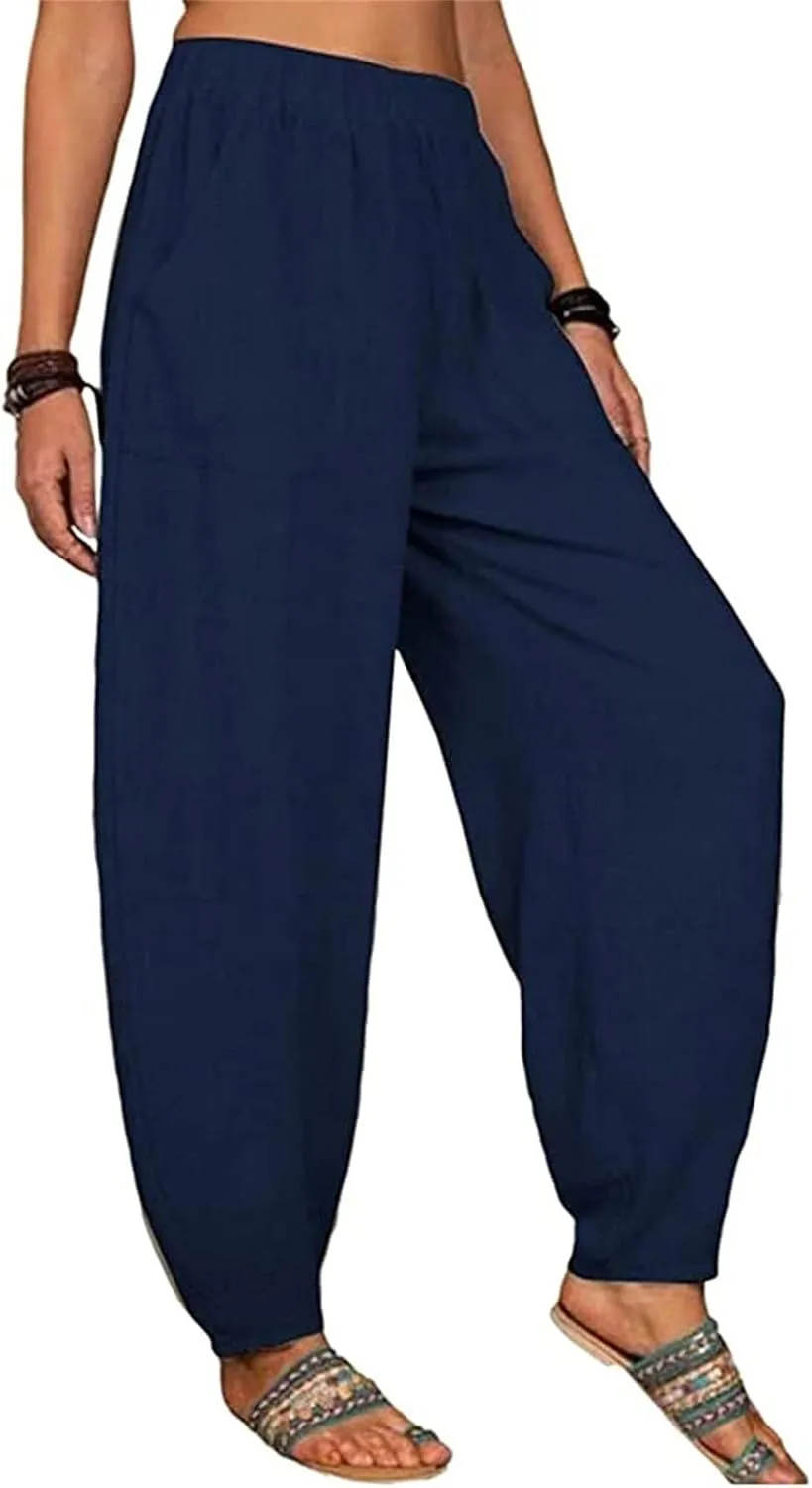 Women's Linen Summer Striped Pants Elastic Waisted Long Lounge Loose Fit Palazzo Lounge Pants Vacation
