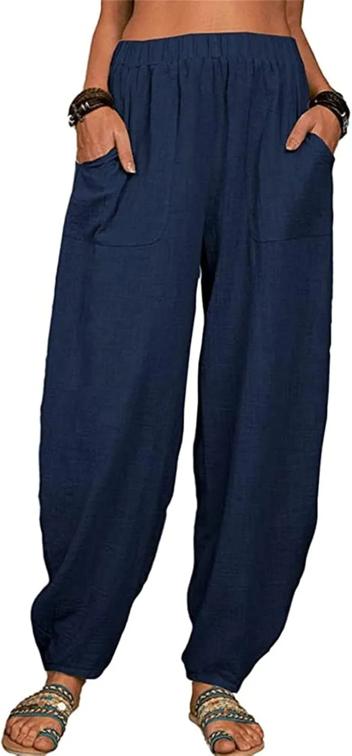 Women's Linen Summer Striped Pants Elastic Waisted Long Lounge Loose Fit Palazzo Lounge Pants Vacation