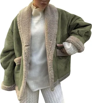 Women's Long Sleeve Oversized Sherpa Fleece Jacket With Cozy Stylish Winter Coat For Casual Wear Warm Outerwear