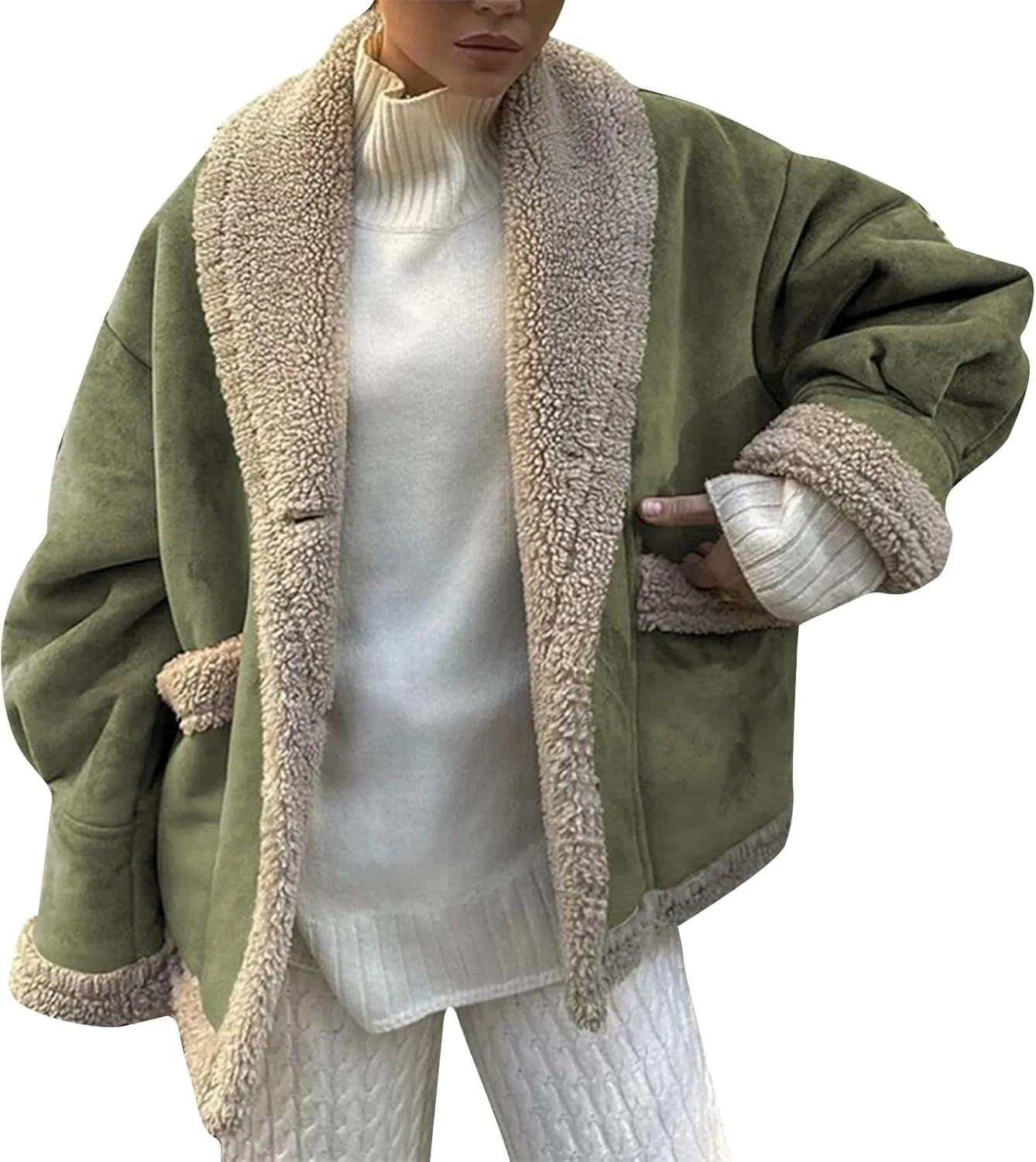 Women's Long Sleeve Oversized Sherpa Fleece Jacket With Cozy Stylish Winter Coat For Casual Wear Warm Outerwear