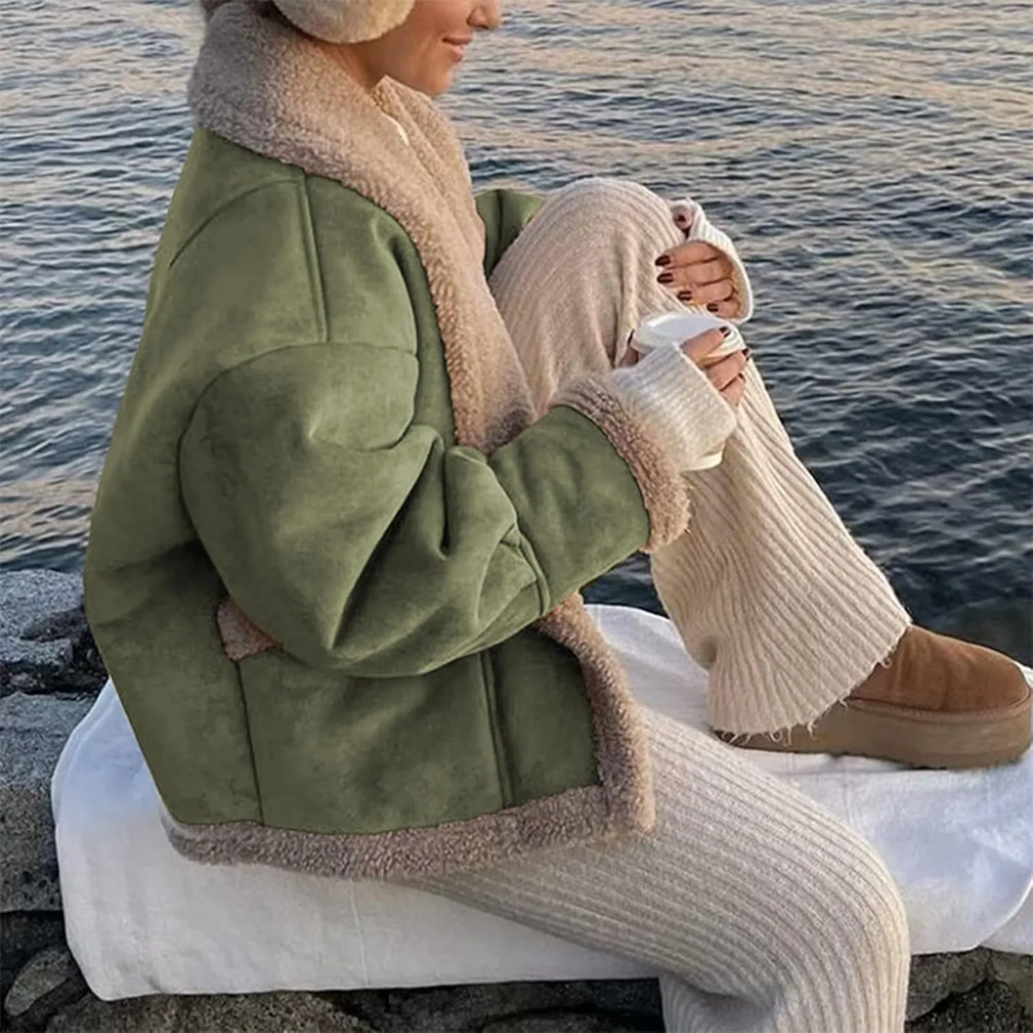 Women's Long Sleeve Oversized Sherpa Fleece Jacket With Cozy Stylish Winter Coat For Casual Wear Warm Outerwear