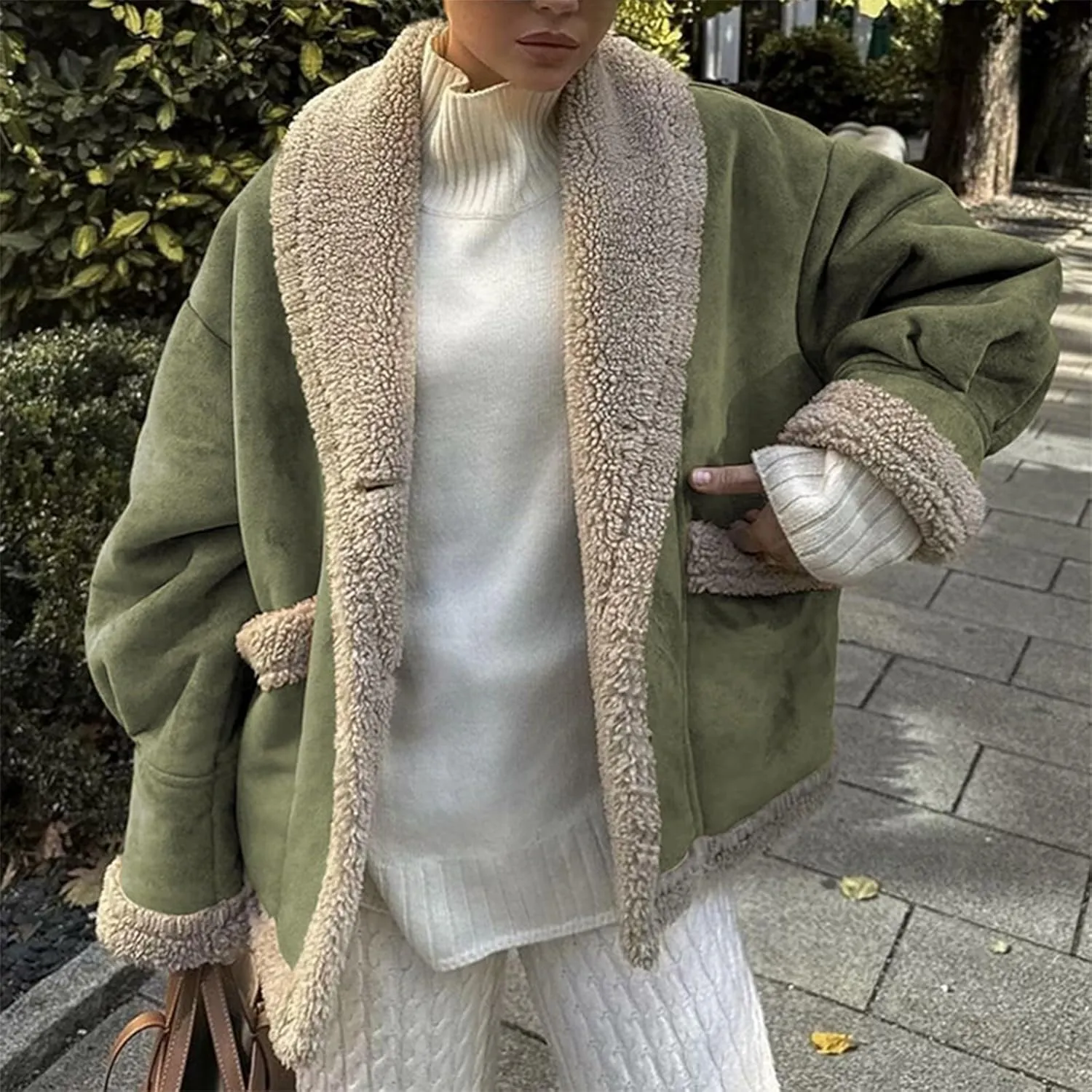 Women's Long Sleeve Oversized Sherpa Fleece Jacket With Cozy Stylish Winter Coat For Casual Wear Warm Outerwear