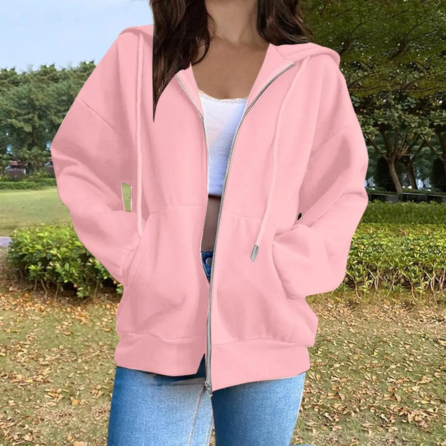 Womens Long Sleeve Oversized Zip Up Hoodies Sweatshirts Y2K Jacket Pockets Patchwork Design T-Shirt Hoodie for Women