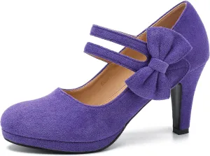 Women's Mary Jane Bow Heels Pumps Round Closed Toe Kitten Heel Double Ankle Strap Wedding Office Work Dress Shoes