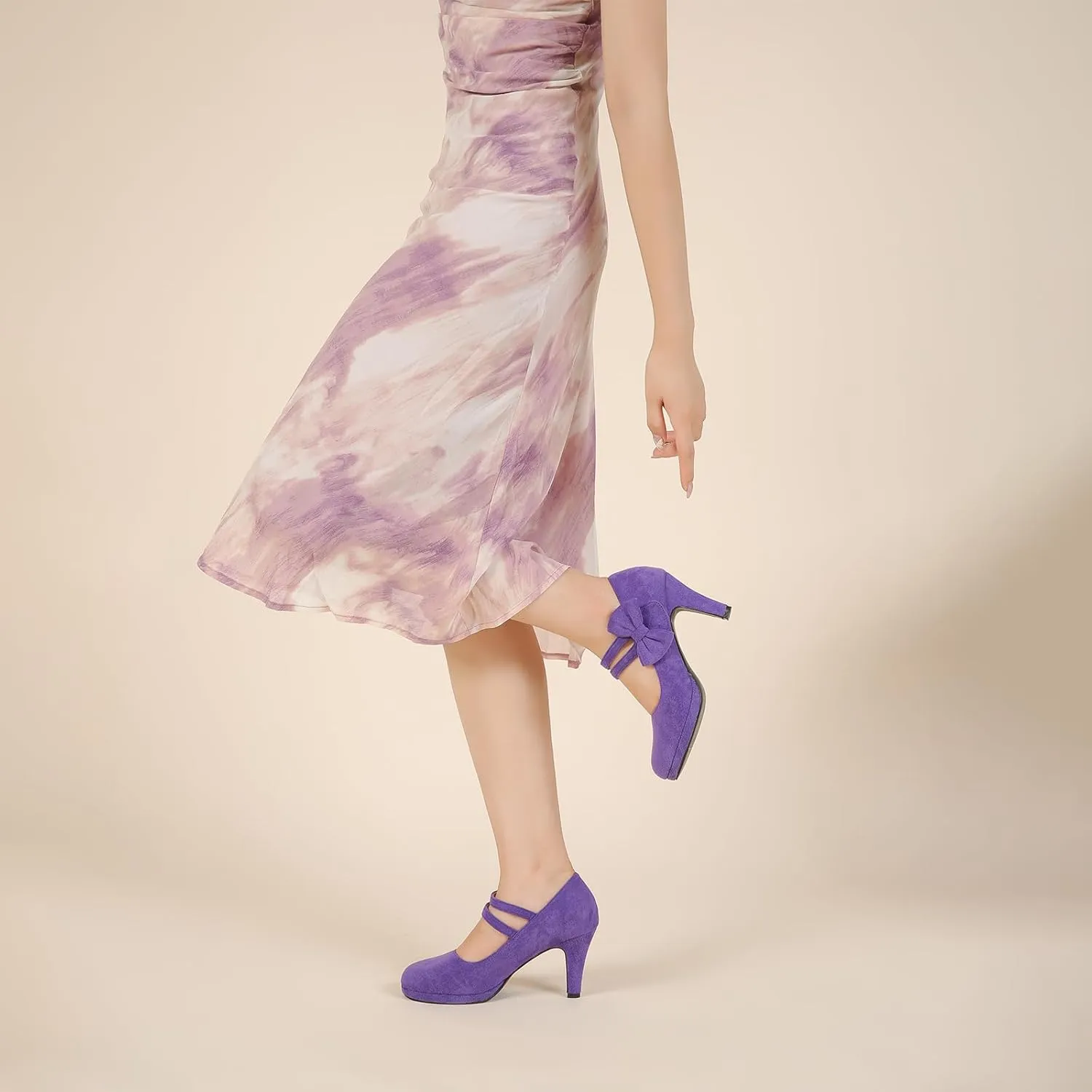 Women's Mary Jane Bow Heels Pumps Round Closed Toe Kitten Heel Double Ankle Strap Wedding Office Work Dress Shoes