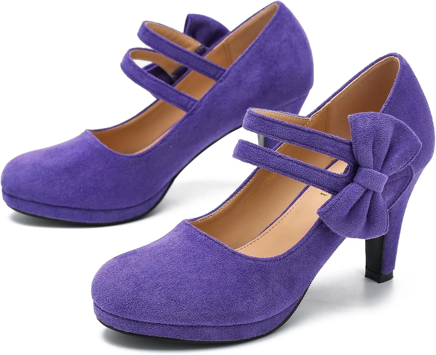 Women's Mary Jane Bow Heels Pumps Round Closed Toe Kitten Heel Double Ankle Strap Wedding Office Work Dress Shoes
