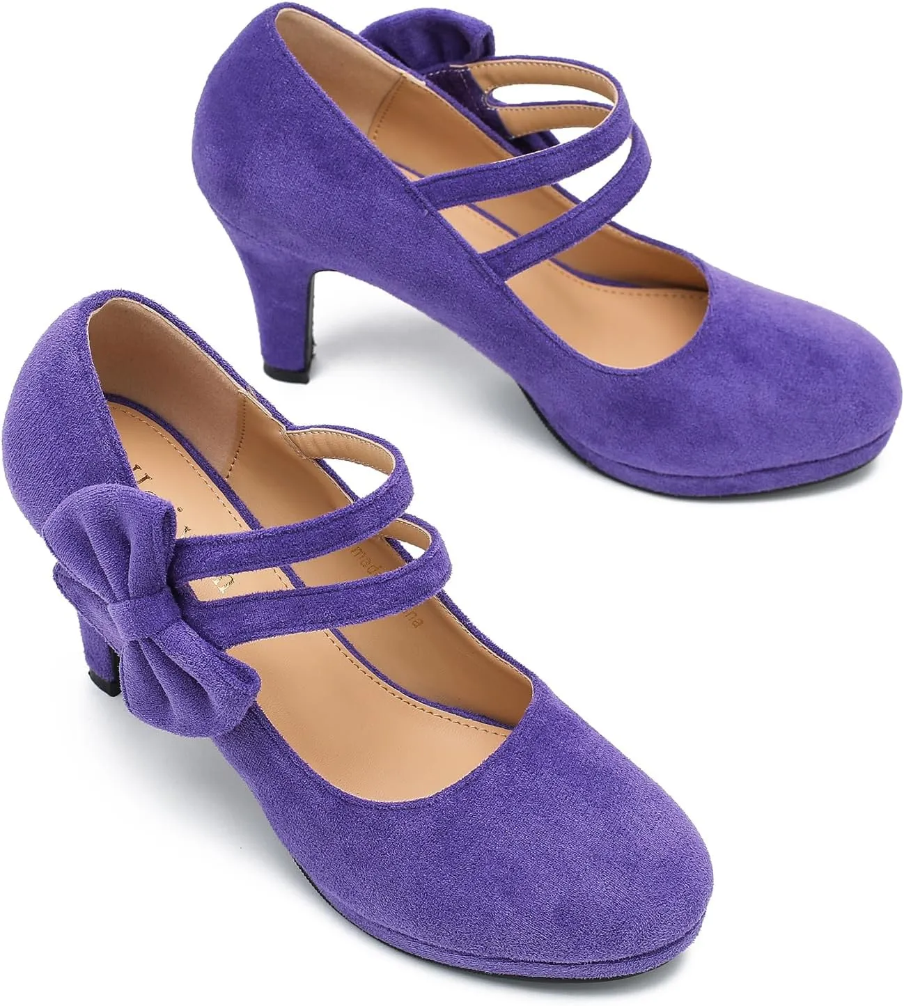Women's Mary Jane Bow Heels Pumps Round Closed Toe Kitten Heel Double Ankle Strap Wedding Office Work Dress Shoes