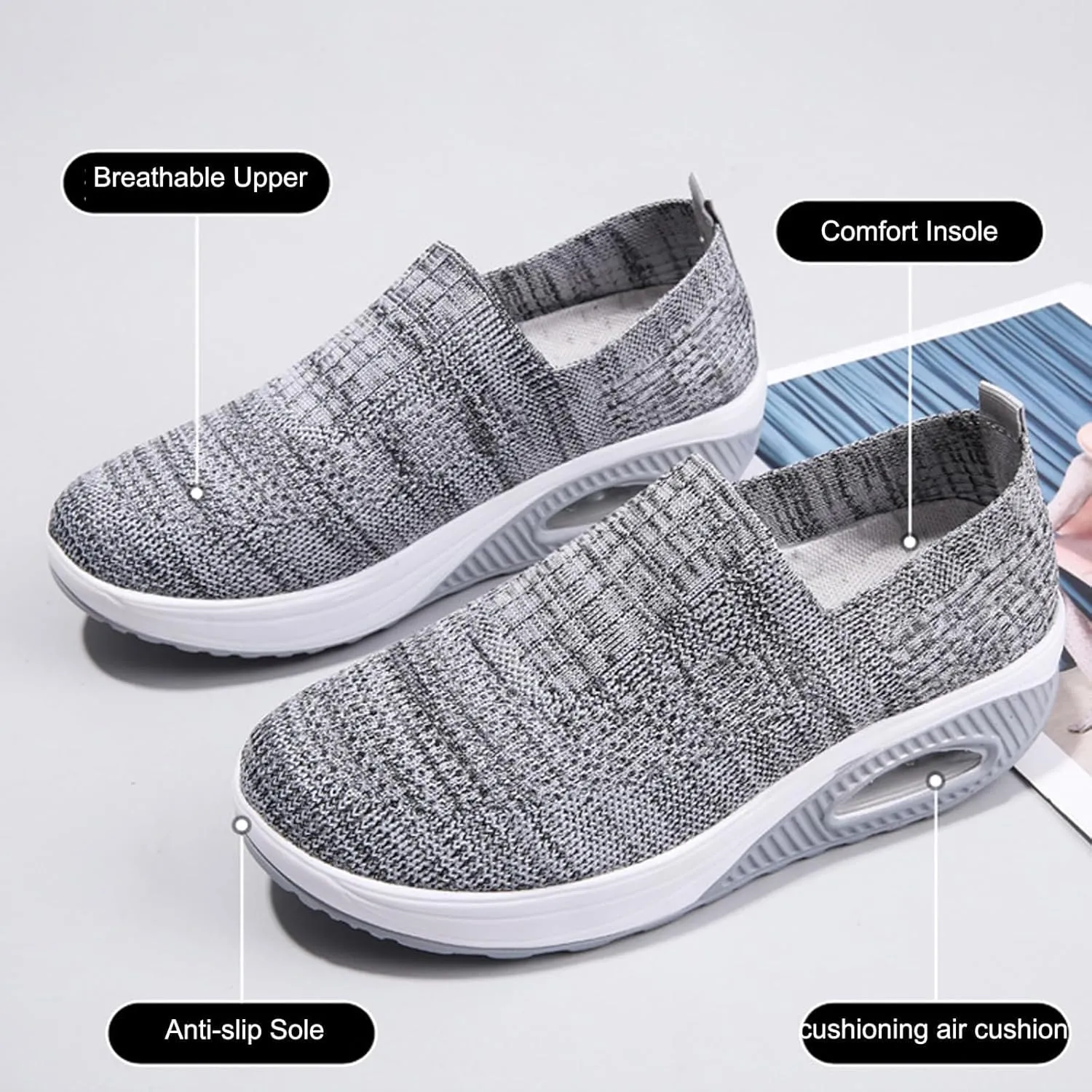 Women's Orthopedic Mesh Air Cushion Walking Shoes Casual Slip-on Platform Sneakers Breathable Arch Support Wedge Loafers