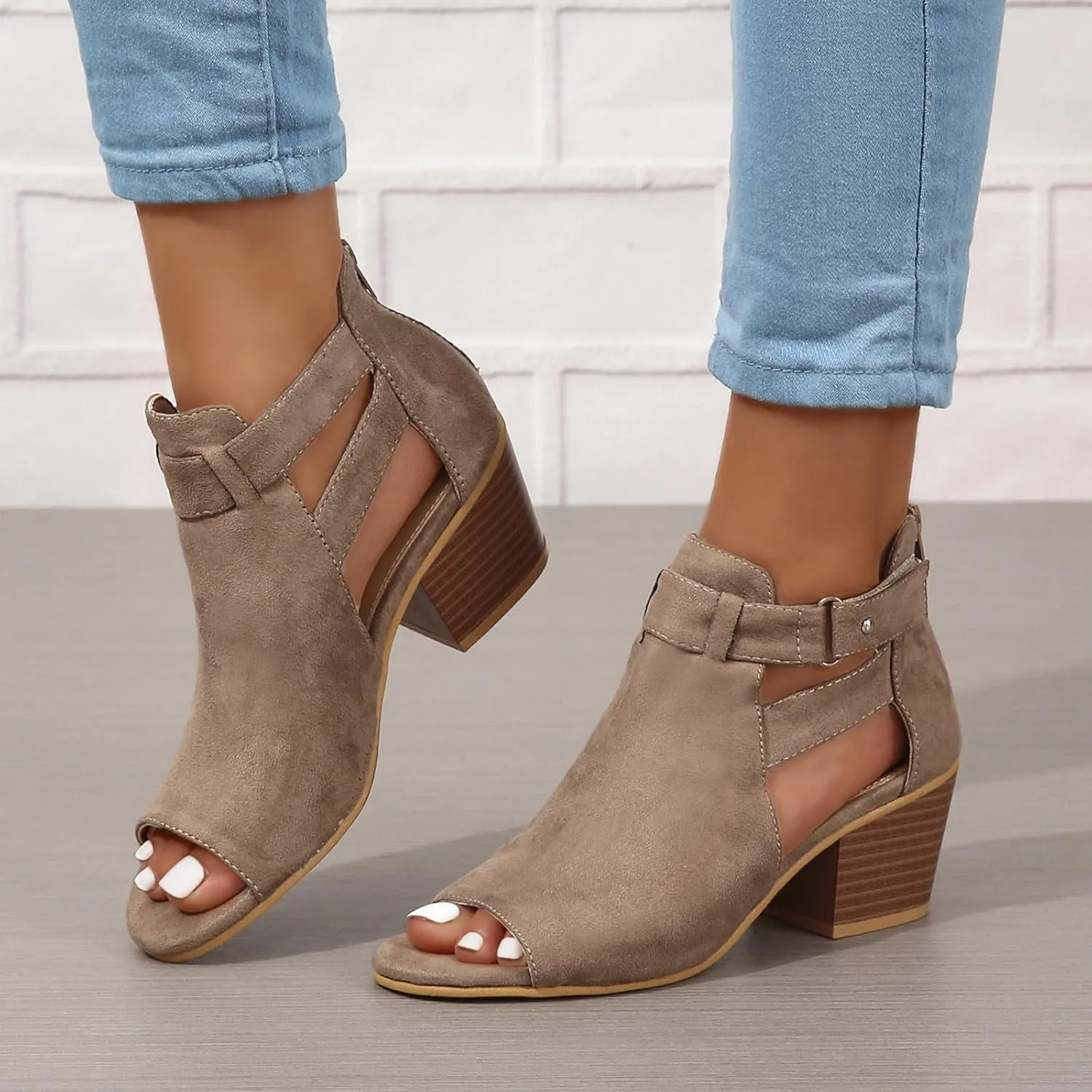Womens Peep Toe Ankle Booties Sandals Chunky Heels Cutout Back Zipper Sandal Faux Suede Side Ankle Strap Dress Sandals
