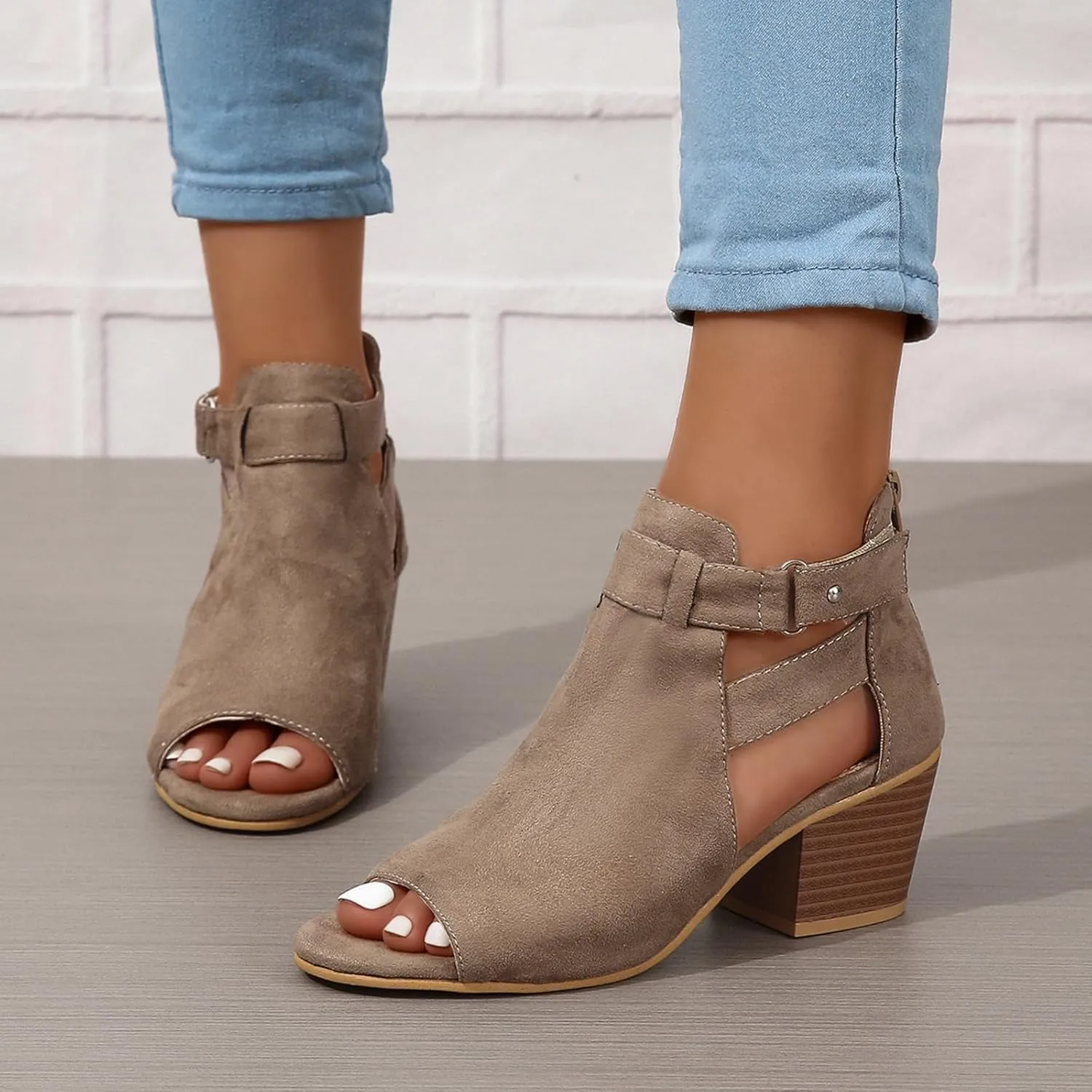 Womens Peep Toe Ankle Booties Sandals Chunky Heels Cutout Back Zipper Sandal Faux Suede Side Ankle Strap Dress Sandals