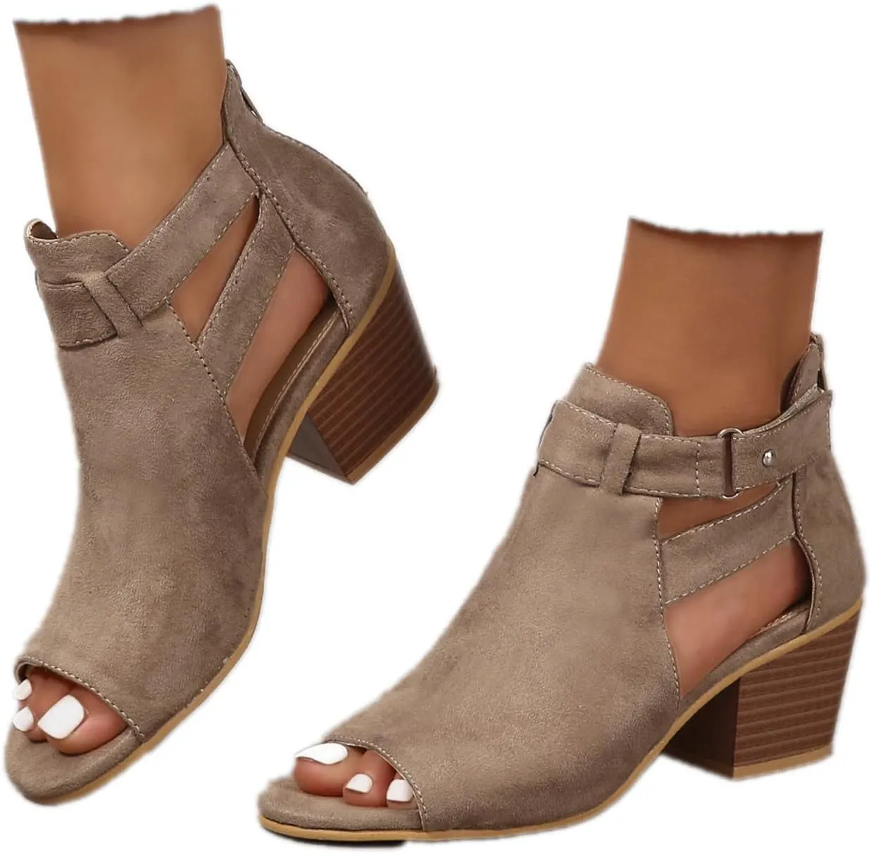Womens Peep Toe Ankle Booties Sandals Chunky Heels Cutout Back Zipper Sandal Faux Suede Side Ankle Strap Dress Sandals