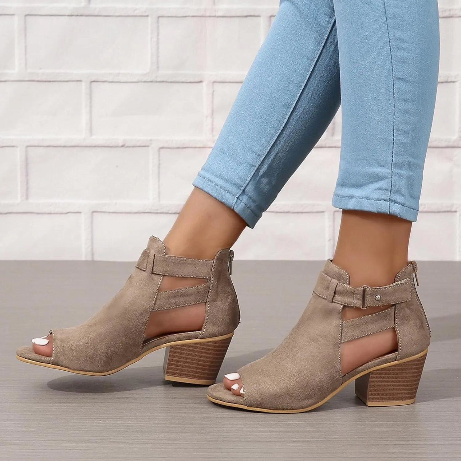 Womens Peep Toe Ankle Booties Sandals Chunky Heels Cutout Back Zipper Sandal Faux Suede Side Ankle Strap Dress Sandals