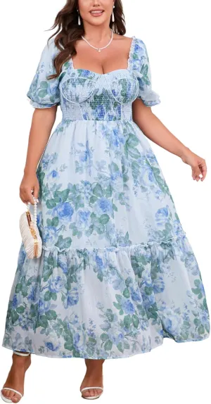 Women's Plus Size Floral Maxi Dress Puff Sleeves Cottagecore Corset Dresses Flowy Smocked Formal Casual Party Wear
